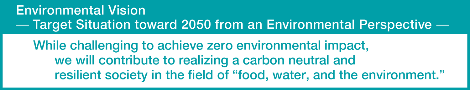 Environmental Vision
̶ Target Situation toward 2050 from the Environmental Perspective ̶
While challenging to achieve zero environmental impact, we will contribute to realizing a carbon neutral and resilient society in the fields of “food, water, and the environment.”